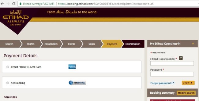 Etihad Payment page show option for American express card or Net Banking