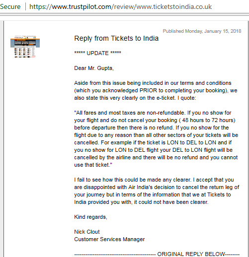 Nick Ticketstoindia dishonestly quoted on Trust pilot after change of FARE RULES