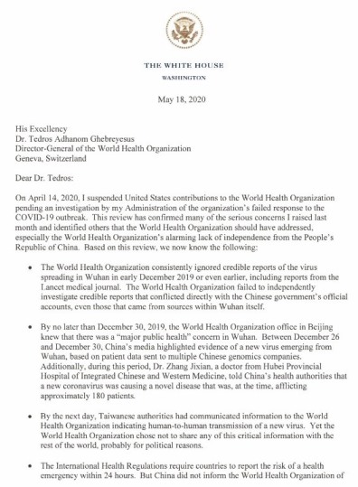 Trump letter to WHO Dr Tedro on Funding 19th May 2020
