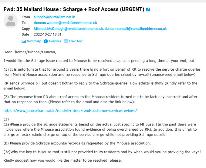 Mallard House Service charge pending 3 years email 2022 oct27